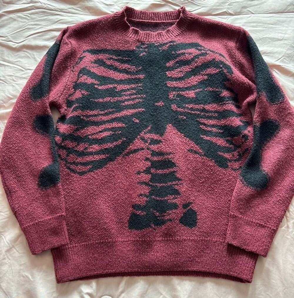 Unbranded Red Black Skeleton Rib Cage Grunge Knit Sweater